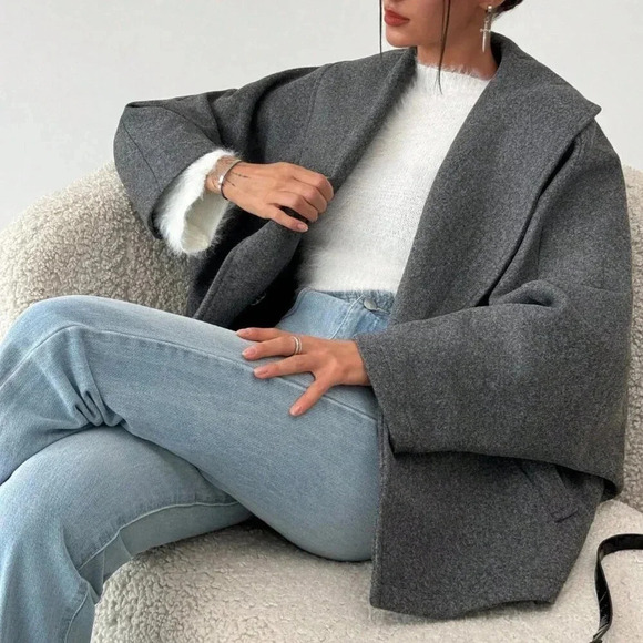 Grey Casual Women's Gray Elegant Blend Lapel Coat - Picture 7 of 7